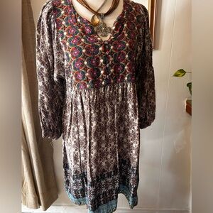 Umgee Boho Babydoll Tunic Dress Floral Patchwork Long Sleeve Peasant Bohemian L